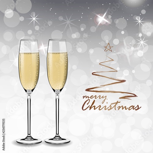 Vector Happy New Year with toasting glasses of champagne on white snow background in realistic style. Greeting card or party invitation with golden Christmas tree illustration.