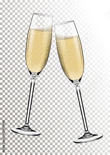 Vector Happy New Year with toasting glasses of champagne on transparent background in realistic style. Greeting card or party invitation with golden bright illustration. photo