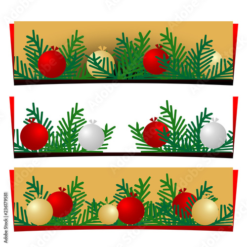 Set of three Christmas banners with balls and fir branches. Vector graphic illustration.