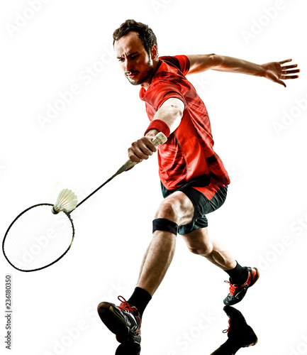 one caucasian Badminton player man in studio shadow silhouette isolated on white background