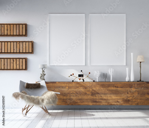 Mock up poster frame in home interior background, Bohemian style living room, 3D render