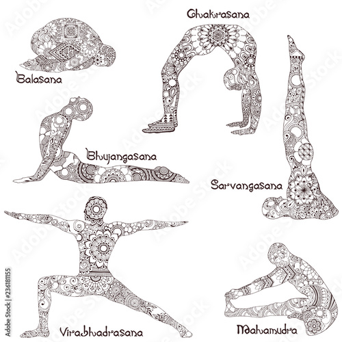 6 asanas in yoga. Silhouettes of decorated pattern in the style of Indian Mehndi.