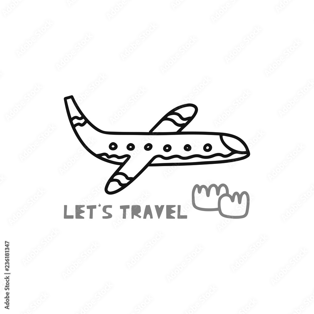 Travel card concept with plane and text 'let's travel' Doodle style