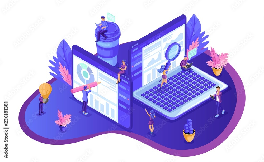 Obraz premium Isometric design SEO analytics. Search engine optimization analysis concept. IT specialists working around web pages