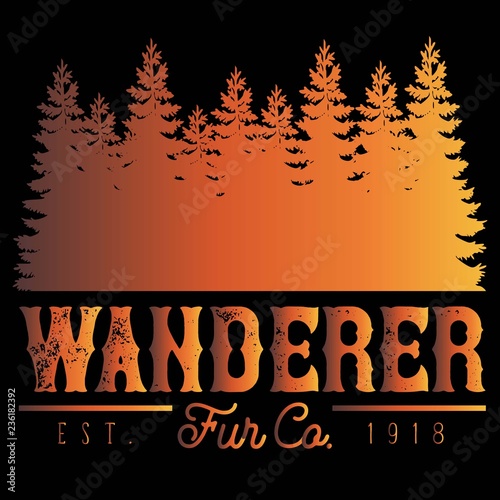 Vector Distressed Wanderer Fur Company Outdoor Adventure Tree Forest Logo in Fire Orange & Black
