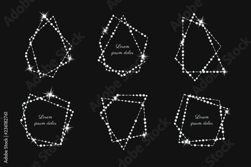 Set of polygonal decoration frames. Pearl photo frame with highlights.