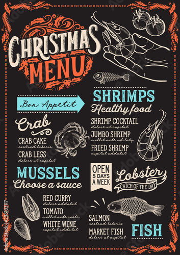Christmas menu for seafood restaurant, food template.