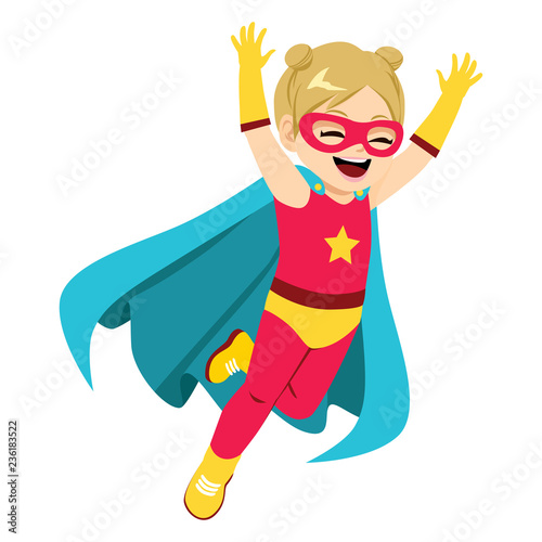 Cute super hero little girl flying happy