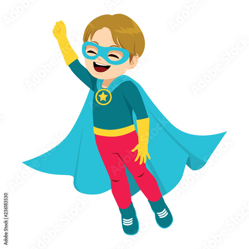Cute super hero little boy flying happy
