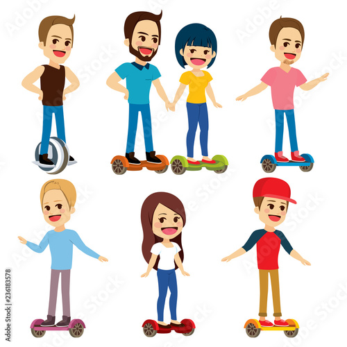 Modern electric scooter set collection cartoon character people eco transportation