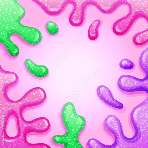 Colorful background with pink and green splashes, glitter slimes dripping, glossy texture, vector illustration