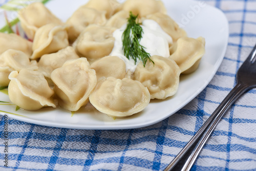 Selective focus. Dumplings with sour cream on a plate
