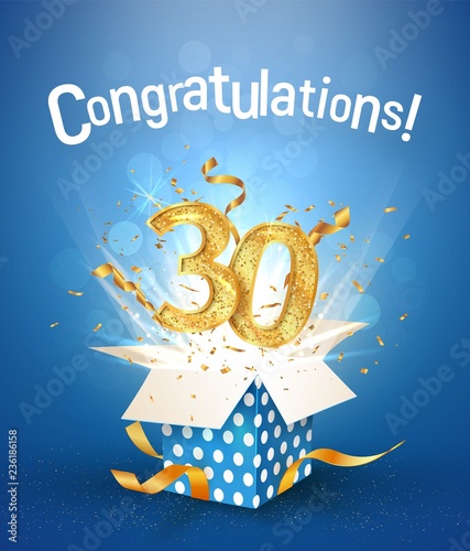 30 th years anniversary and open gift box with explosions confetti. Template thirty birthday celebration on blue background vector Illustration