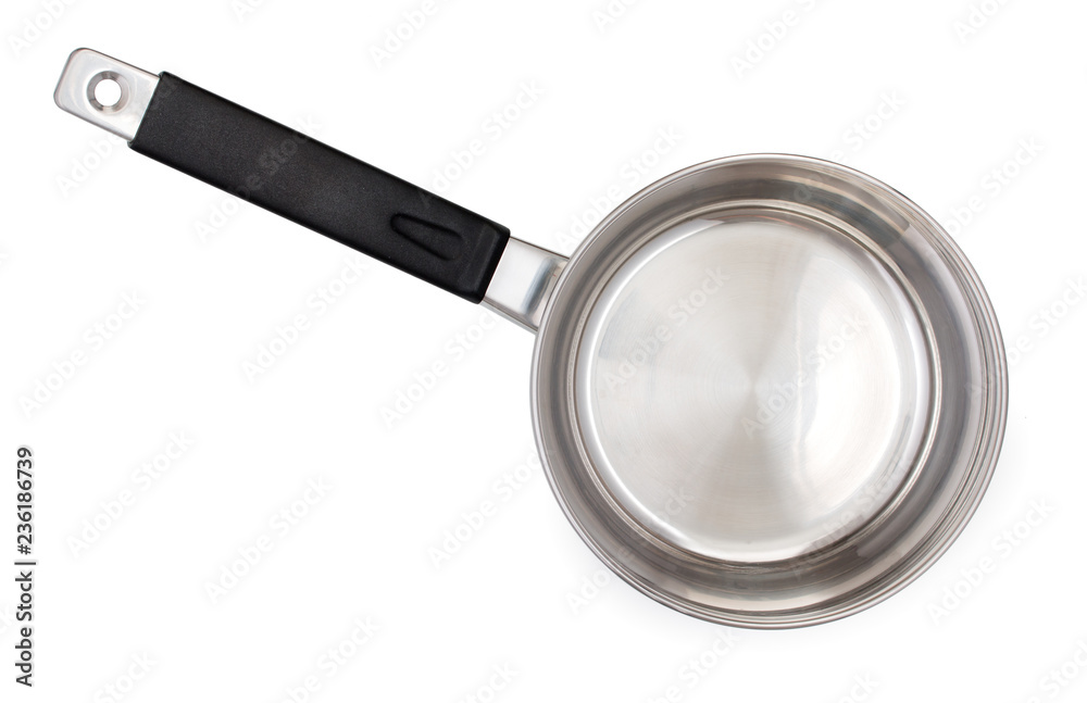 Empty stainless steel, chrome saucepan isolated on white background, top view. Empty stainless steel, chrome saucepan isolated on white background, top view.