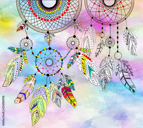 Dreamcatcher set on a colorful background. Vector illustration.
