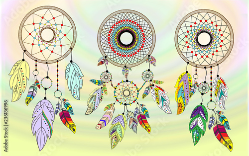 Dreamcatcher set on a colorful background. Vector illustration.