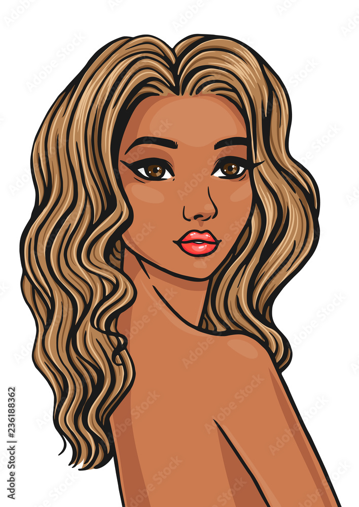 Beautiful african american woman face with afro curly ombre hair illustration in pop art comics style isolated on white background. Fashion and beauty black girl model portrait. Beautiful african american woman face with afro curly ombre hair illustration in pop art comics style isolated on white background. Fashion and beauty black girl model portrait.