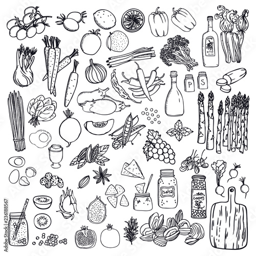 Food set Vegetables and fruits Black isolated objects