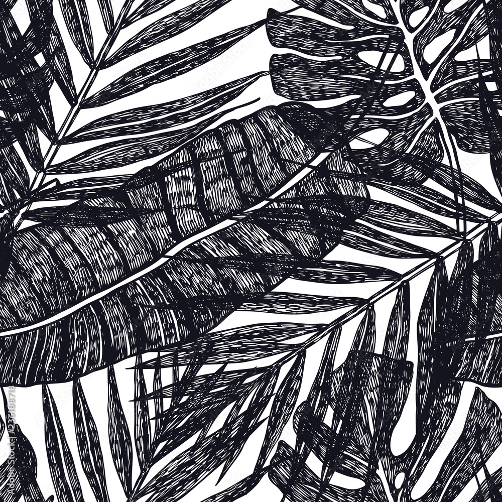 Fototapeta premium Tropical palm leaves Vector seamless pattern Background illustration