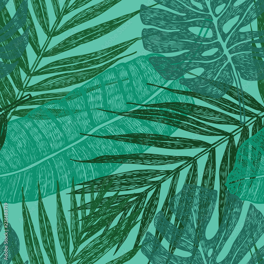 Fototapeta premium Tropical palm leaves Vector seamless pattern Green background illustration