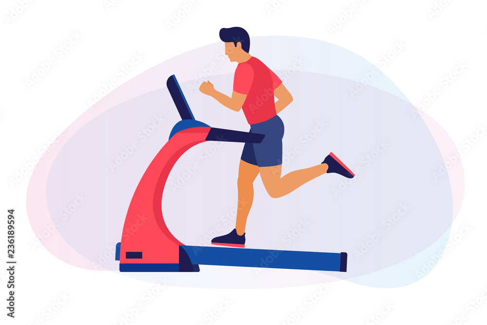 Theme of fitness, sport and training. An image of a cartoon man on a treadmill. The concept of a healthy lifestyle. Cardio exercises on simulators. Vector flat illustration.