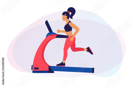 Theme of fitness, sport and training. An image of a cartoon girl on a treadmill. The concept of a healthy lifestyle. Cardio exercises on simulators. Vector flat illustration.