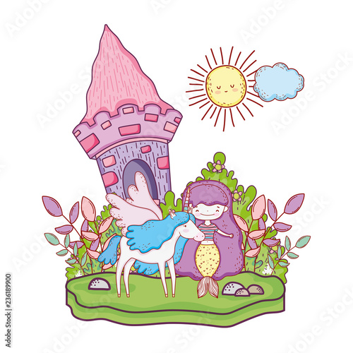 mermaid with unicorn and castle in the landscape