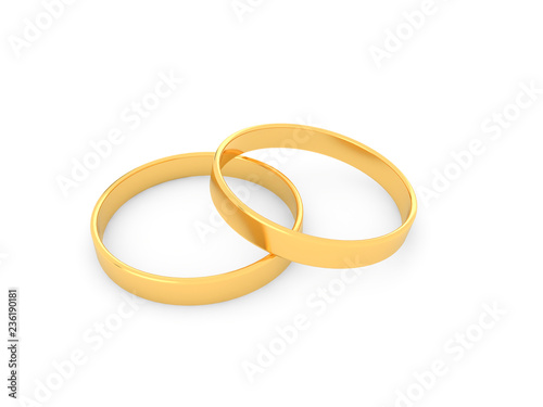 Gold wedding rings on a white background. 3d render illustration.