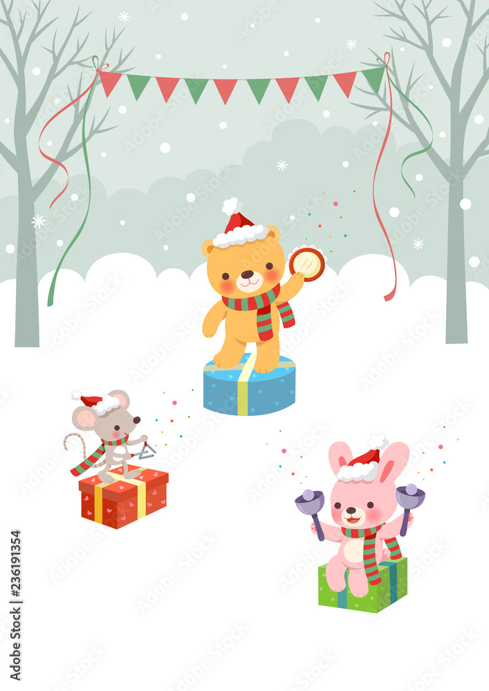 Christmas animals music concert in winter forest