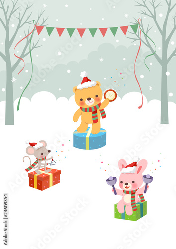 Christmas animals music concert in winter forest © soyon