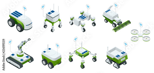 Isometric set of iot smart industry robot 4.0, robots in agriculture, farming robot, robot greenhouse. Agriculture smart farming technology vector illustration