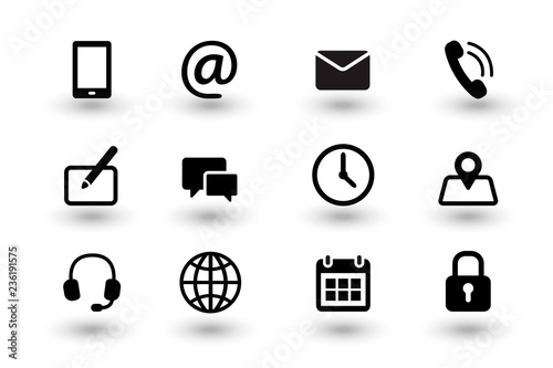Set of contact us and web communacation icons. Simple flat black vector icons collection isolated on white background with shadows. Vector eps10