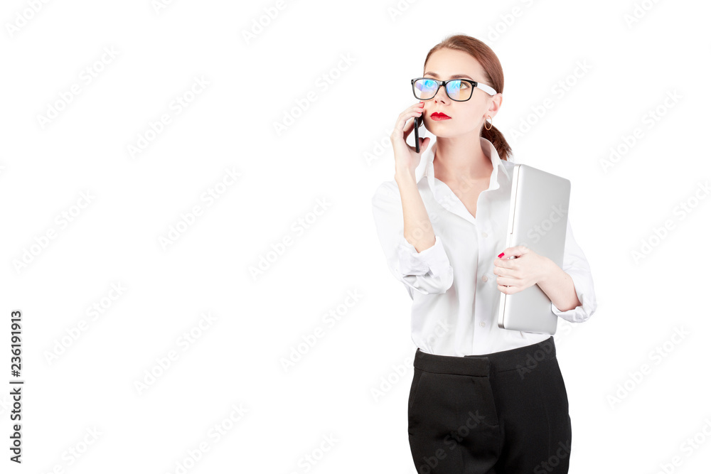 Business woman, isolated on white background. Office Style. A woman in a white shirt with red lipstick and a laptop in hand. Business woman, isolated on white background. Office Style. A woman in a white shirt with red lipstick and a laptop in hand.