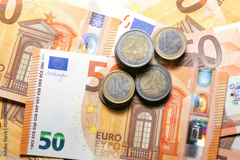 Pile of Paper Euro Banknotes and Coins Pile of Paper Euro Banknotes and Coins
