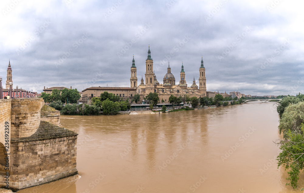 Zaragoza Basilica Cathedral Pilar Aragon Spain, water reflection Ebro river