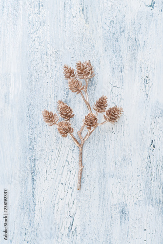 Decorative golden twig with pine cones