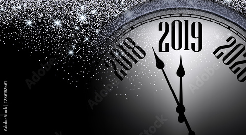 Shiny Happy New Year 2019 poster with blurred clock.