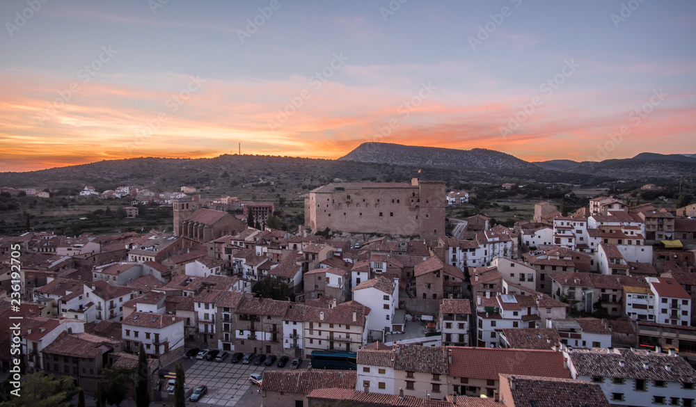 Mora de Rubielos Castle lighting in Teruel Spain Gudar Sierra sunset view panorama lights