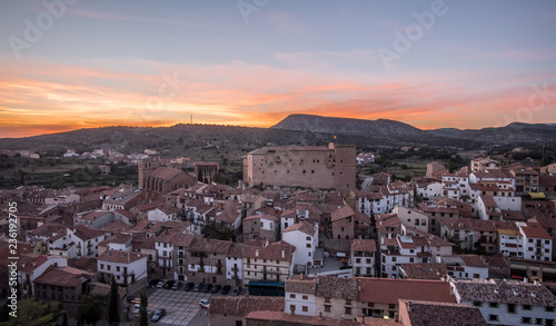 Mora de Rubielos Castle lighting in Teruel Spain Gudar Sierra sunset view panorama lights © Pb