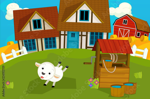 cartoon rural scene with farm animal - illustration for children