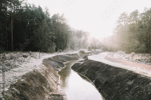 Winter  landscape. Calm winter river surrounded by trees. Winter forest on the river. Beautiful winter nature. 