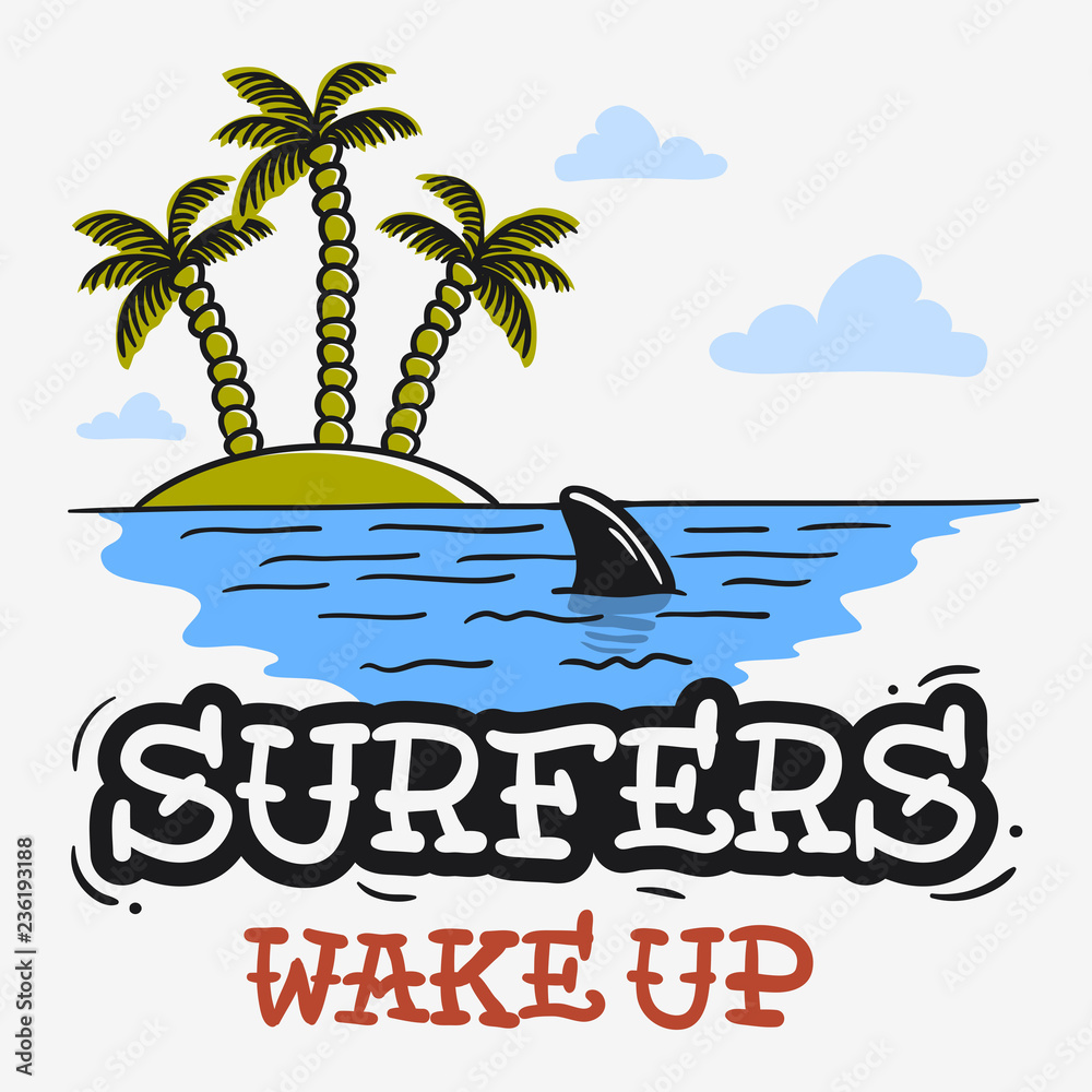 Surfing Surf Themed With Shark Fin And An Island With Palm Trees Hand Drawn Traditional Old School Tattoo Aesthetic Flesh Body Art Influenced  Drawing Vintage Inspired Illustration   Vector Image