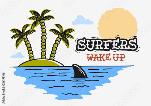 Surfing Surf Themed With Shark Fin And An Island With Palm Trees Hand Drawn Traditional Old School Tattoo Aesthetic Flesh Body Art Influenced  Drawing Vintage Inspired Illustration   Vector Image