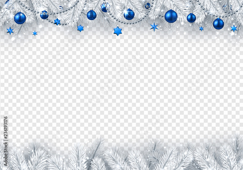 Christmas and New Year transparent background with fir branches and blue Christmas balls.
