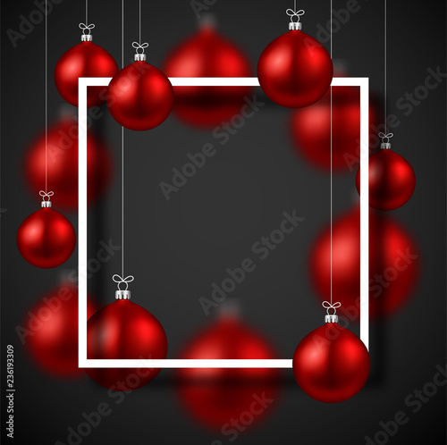 Christmas and New Year card with square frame and red Christmas balls.