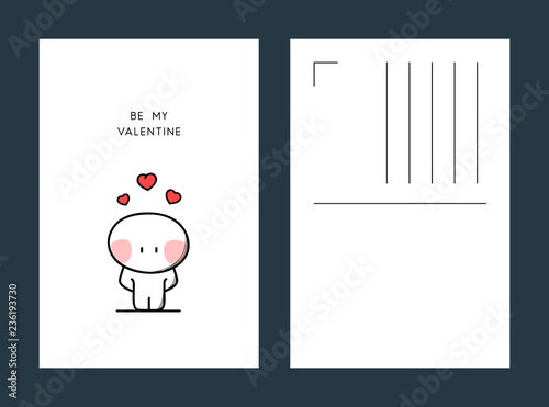 Be my valentine postcard - shy cartoon character with red hearts above the head. Love confession illustration, greeting card vector template.