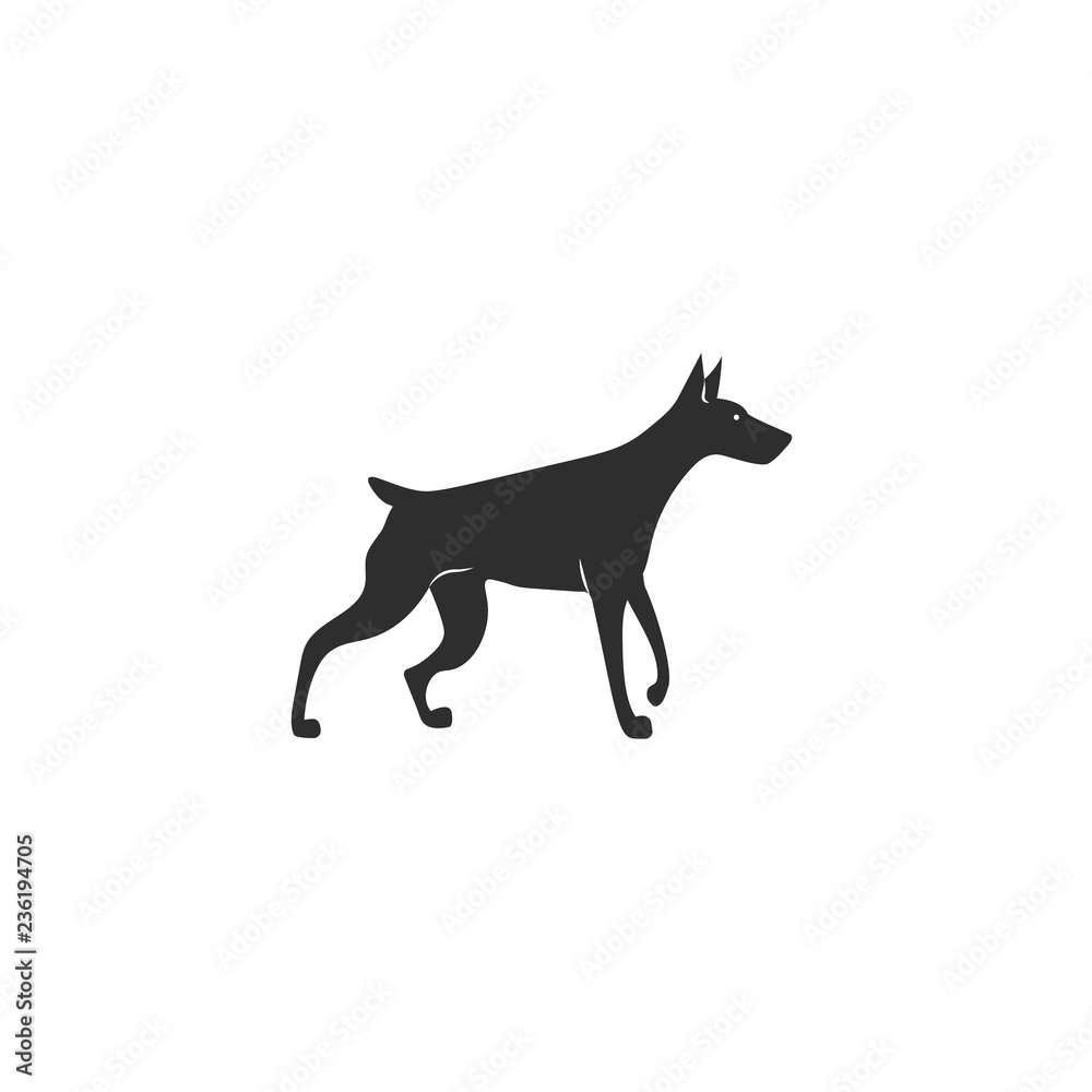 Vector illustration. Flat style icon of dobermann for different design. Cute family dog. Simple silhouette pictogram for different design.