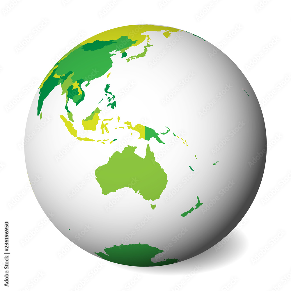 Blank political map of Australia. 3D Earth globe with green map. Vector illustration.