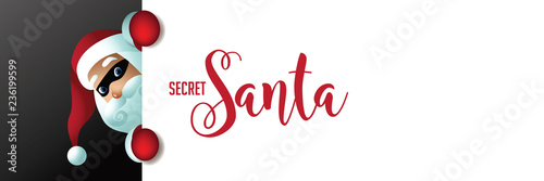 Secret Santa invitation background featuring cartoon Santa Claus holding a placard with copy space. Eps10 vector illustration.