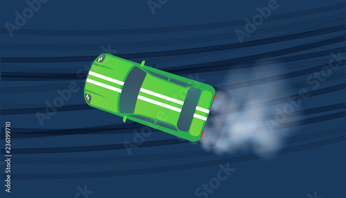 Sport car drifting on race track. Motorsport competition. Top view vector illustration.